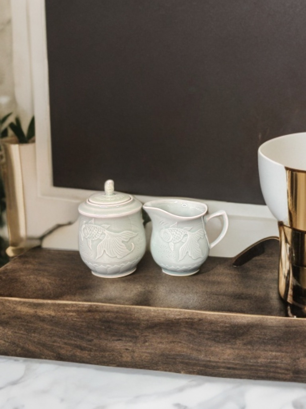 Celadon Ceramic Koi Fish Sugar and Creamer Set